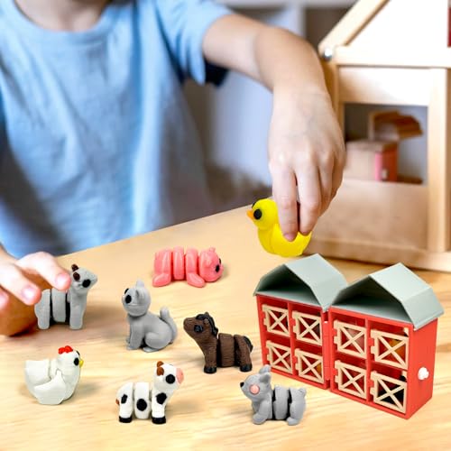 17PC 3D Printed Farm Animal Toys with Red Barn & Fence Pen