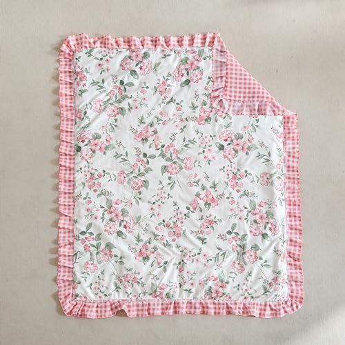 3 Pieces Pink Rose Flowers Mini Crib Bedding Set Baby Ruffled Quilted Comforter with Fitted Sheet and Bed Skirt - Cute Ruffled Shabby Chic Baby Girls Bedding Soft Blanket Floral Design - color: Rose Flower, size: 3 Pieces Mini Crib