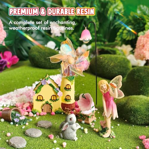 DONABELA Fairy Garden Kit Pink Mini Windmill House Decor Set Rabbit Flower Pot Supplies Signpost CD Player Resin Figurines Accessories Gift Indoor Outdoor Yard - style: Windmill house