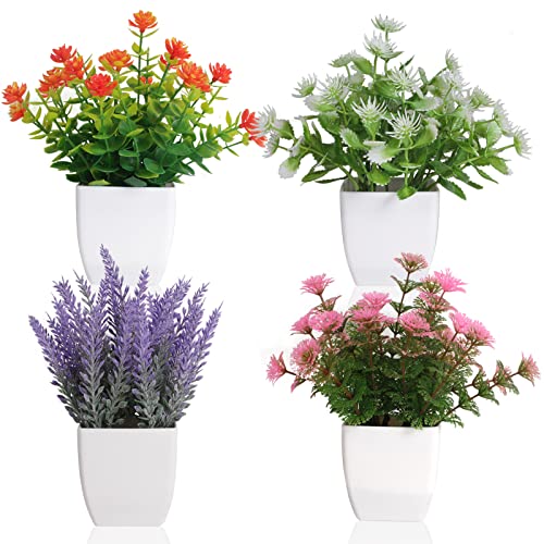 Yoratee Artificial Potted Flowers 4PCS Fake Small Plant in Pot Mini Faux Plant Door House Office Tabletop Kitchen Colorful Greenery Decor - color: A-colorful-4pcs