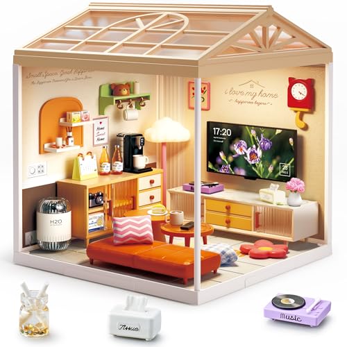 Modern Living Room DIY Miniature House Kit with Roof & LED Light, Stackable & Connectable Dollhouse Kit with Dustproof Door, Creative DIY Crafts Building Toy Gift for Adults Teens - color: Livingroom, size: Meduim