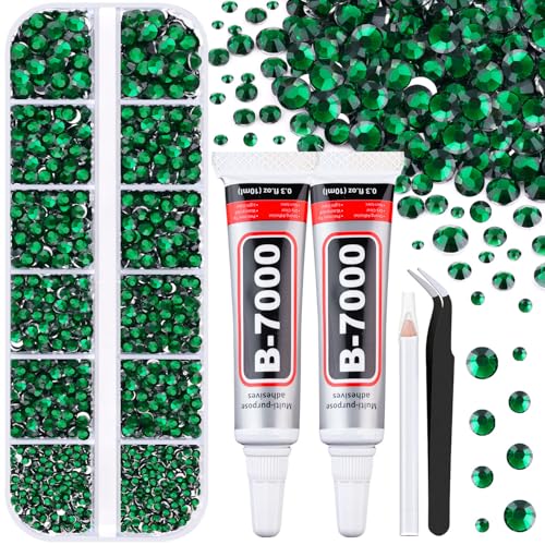 6100Pcs Resin Rhinestones for Crafting with 2Pcs 10ml B7000 Jewelry Glue, 1 Box Flatback Crystals Diamond (Emerald Green) for Bedazzling Crafts DIY Nail Art Non Hotfix Gems for Clothing Shoes - color: Emerald Green, size: 1 Small Pack + 2Pc Glue