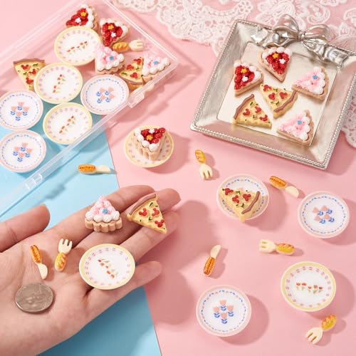 FASHEWELRY 42Pcs Cake Tableware Dollhouse Miniature Accessories Kitchen Tableware Display Ornament Resin Imitation Food Dessert Plate Fork Knife Cabochons for Garden Home Party Landscape Decoration - color: Cake & Tableware
