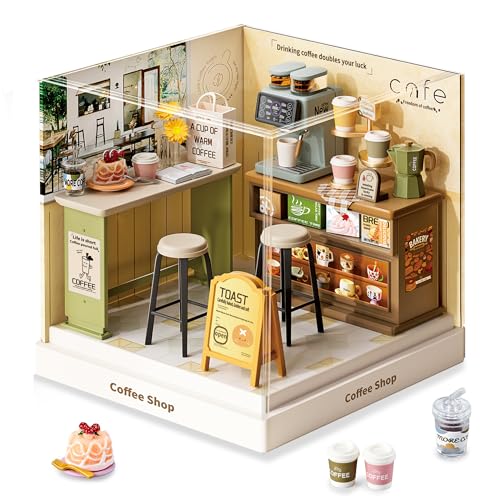 Coffee Shop Super Miniature House Kit - DIY Plastic 3D Model Building Set for Teens, Build Your Own Cozy Café with Coffee Machine & Dustproof Case, Creative Craft Gift for Girls Women - color: Coffee Shop, size: Small