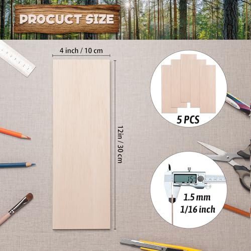 Balsa Wood Sheets 1/16" Thin, 12" x 4" Wooden Pieces Wood Planks for Crafts, 5 PCS Unfinished Wooden Boards Lumber for Crafting, Modeling, Hobbies, Laser, Glider - size: 12″x4″x1/16″ - 5PCS