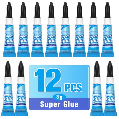 Super Glue Liquid Clear 3 Gram (Pack of 12) for Plastic Metal & Wood – Instant CA Adhesive All Purpose Multipack, Crazy Glue for Ceramic 3D Printing Shoe Crafts, Strong Bonding Single Use Minis - size: 12 x 3G