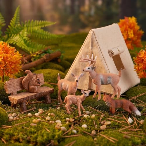 10Pcs Woodland Animals Figures Model Trees Kit, 5Pcs Forest Artificial Animal Deers 5Pcs Mixed Miniature Maple Trees for Birthday Cake Toppers Miniature Landscape Scenes