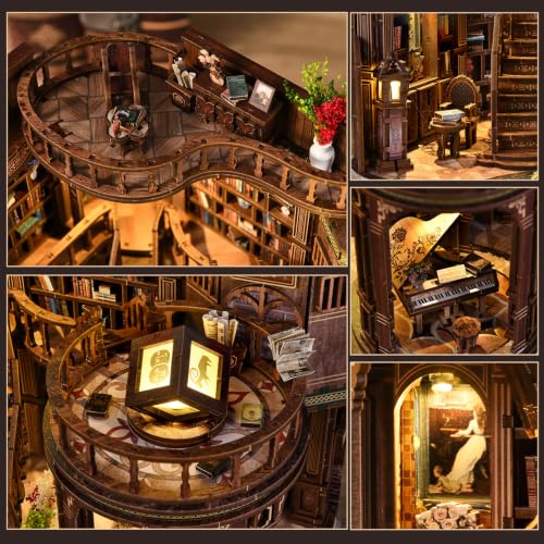 fifijoy DIY Miniature Dollhouse Kit - DIY Miniature House Kit with LED Lights, 3D Wooden Puzzle Library Bookshelf Decor for Adults, Creative Gift for Family, Friends (Dreamy Book Hall) - color: Dreamy Book Hall