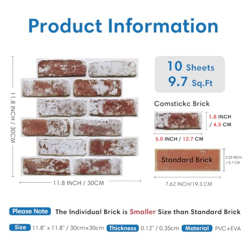 COMSTICKC 3D Faux Brick Wall Panels Peel and Stick, 10 Pcs 11.8" x 11.8" - color: Whitewash Red-4