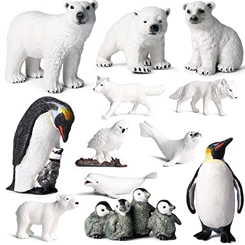 EOIVSH 12PCS Plastic Polar Animals Toy Figures, Realistic Arctic Animal Figurines for Kids, Education Sea Creature Toys Set with Polar Bear Family Emperor Penguin Family Arctic Fox Wolf - style: 12 PCS