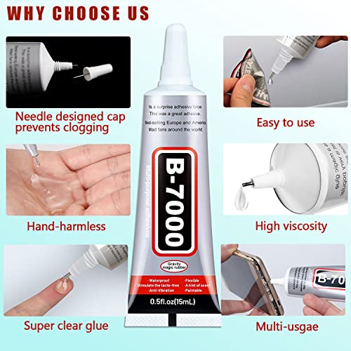 8pcs x15ML B7000 Jewelry Rhinestones Glue, B-7000 Clear Super Glue Transparent Industrial Adhesive for Phone Repair Jewelery Making Crafts Gem Fabric Metal Nail Art Stone Wood Glass - style: B7000 8pcs x 15ml