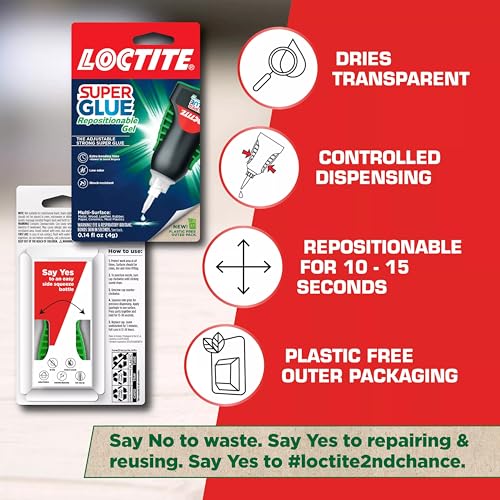 Loctite Super Glue Repositionable Gel, Clear, 0.14 fl oz Bottle, 2 Pack - Superglue for Plastic, Wood, Metal, Crafts & Repair, Cyanoacrylate Adhesive Instant Glue - size: 2 Pack