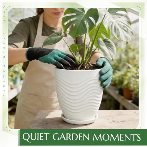 9.5 Inch Flower Pots for Indoor Plants,Ceramic Planter with Saucer Drainage Leak-Proof Mesh Gardening Gloves (Water-Ripple White) - color: Water-ripple White, size: 9.5 Inch