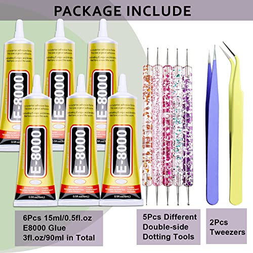 E8000 Clear Super Glue for Jewelry Making, 6 X 15ML E-8000 B7000 Glue Rhinestone Metal Fabric Glue, Adhesive Glue for Phones Repair Jewelry Bead Wood Crafts with Dotting Pens and Tweezers - color: 6pcs x 15ml Clear Super Gel