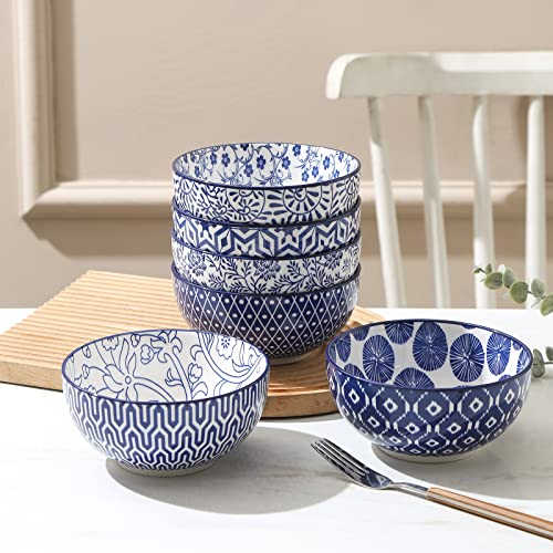 Selamica Ceramic Cereal Bowls Set of 6, 24 Oz Deep Soup Bowls for Kitchen - color: Vintage Blue, size: 5.9 Inch