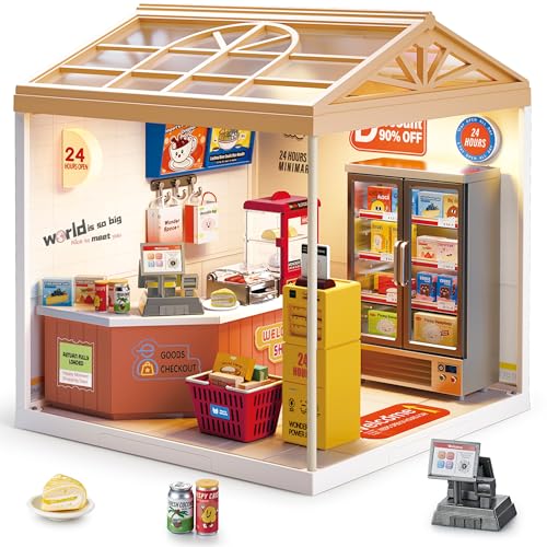 24-Hour Convenience Store DIY Miniature House Kit with Roof & LED Light, Stackable & Connectable Dollhouse Kit with Dustproof Doors, Creative DIY Crafts Building Toy Gift for Adults Teens - color: Convenience Store, size: Meduim