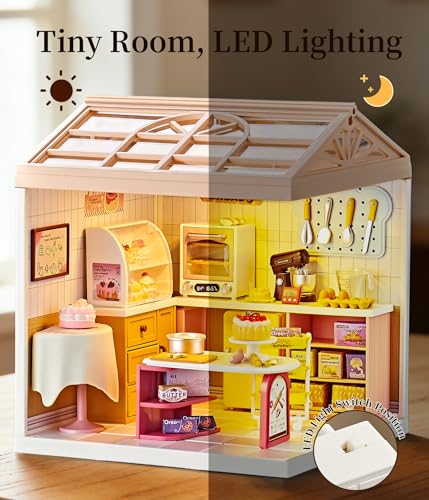 Bakery Shop DIY Miniature House Kit with Roof & LED Light, Stackable & Connectable Dollhouse Kit with Dustproof Door, Creative DIY Crafts Building Toy Gift for Adults Teens - color: Baking, size: Meduim