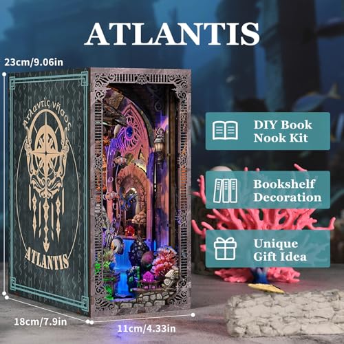 fifijoy Book Nook Kit - Atlantis DIY Miniature House Dollhouse Kit for Adults and Teens, 3D Wooden Puzzle Bookend Bookshelf Insert Decor with LED Light, Gifts for Family and Friends - color: Atlantis