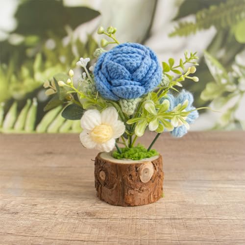 Crochet Blue Rose Flowers Bouquet for Women Office Desk Decor - color: Blue Rose