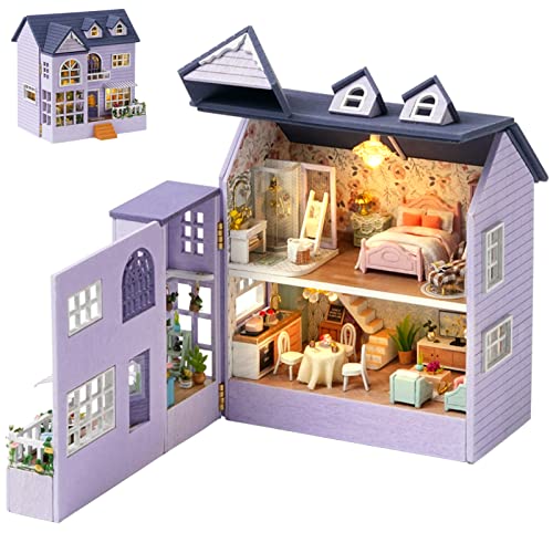 Spilay Dollhouse DIY Miniature Wooden Furniture Kit,Mini Handmade Doll House with LED,1:24 Scale Creative Woodcrafts for Adult Friend Lover Birthday Gift D32 - color: Happy House