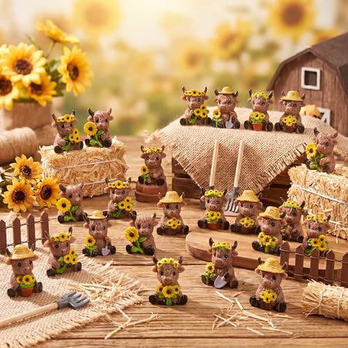 Yaomiao 60 Pcs Mini Fall Highland Cow Figurines Mini Sunflower Resin Cow - style: Sunflower