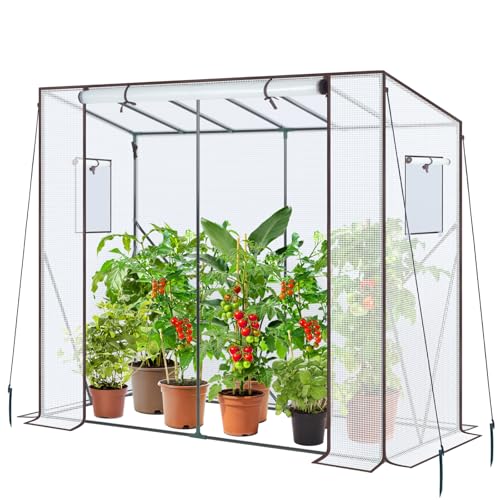 Ohuhu Tomato Greenhouse for Outdoors: Portable Lean to Green House Heavy Duty with Roll-Up Zippered Door, Tall Plastic Greenhouses for Outside Plants Growing Shed Tent for Backyard, 6.6x2.5x5.6 FT - color: White, size: 6.6' x 2.5' x 5.5'