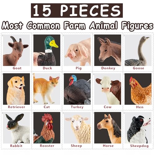 Divwa 15 Pcs Farm Animal Toy for Kid, Plastic Toy Farm Animal Figure Set Playset Including Cow Horse Goat Sheep Pig Donkey Goose Duck Turkey Chicken Dog Cat Rabbit for Kid Age 3-5 5-7
