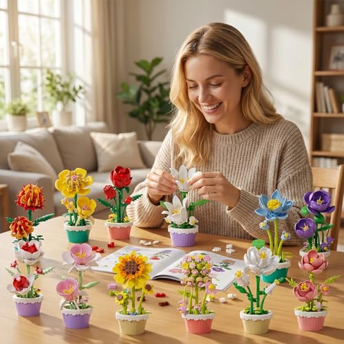 Flower Building Blocks, 12 PCS Assorted Mini Flower Pot Building Set, Artificial Flowers Botanical Collection for Home Decor, Birthday Gifts for Adults & Collectors - color: Rainbow