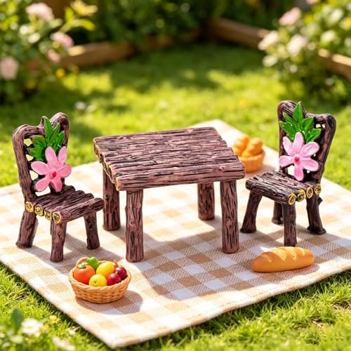 Miniature Table and Chair Decorative Set Rustic Style Square Table with Two Chairs for Garden Patio Arrangement Outdoor Landscape Accent and Yard Display Decoration