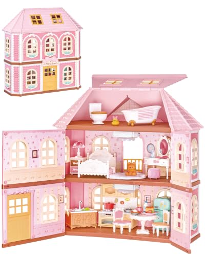 Rolife Dollhouse with LED Light, Haley Island Fairy Rose Dollhouse with 14 Pcs Furniture Accessories, 1:12 Fairy House Building Kit 3 Storey Family Style Pink DIY Crafts Toys Gift for Girls