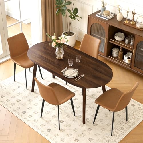 63" Oval Dining Table Set for 4 with Solid Wood Legs - color: Walnut Table Brown Chairs