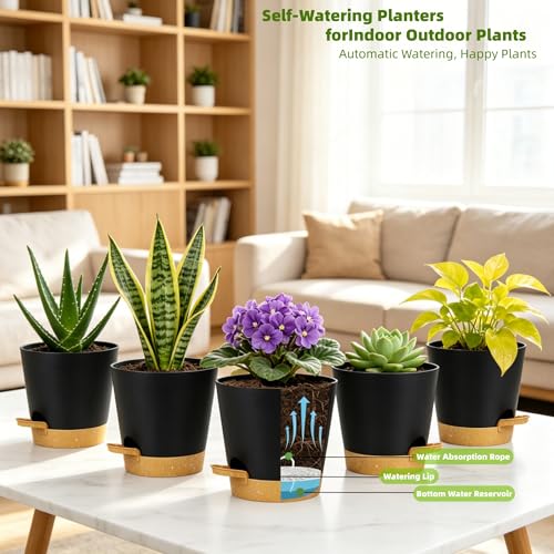 5 Pack 5 Inch African Violet Pots Self Watering, Self-Watering Planters with Drainage Holes & Reservoir, Black Brown Plastic Pots for Indoor Outdoor Plants, Succulents & Flowers - color: Black Brown, size: 5 inch 5 pcs
