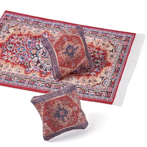 Vintage Miniature Carpets & Cushion Decorations Mini Dollhouse Accessories Small Pillow Rugs Retro Decor for Dollhouse Furniture Mini Living Room 1/12 Scale DIY Crafts Decorations Ornaments - style: Carpets & Cushion - Red
