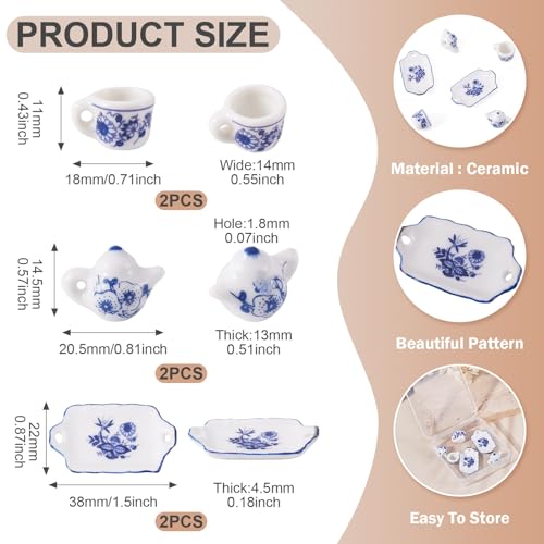 6Pcs Porcelain Cup Charms 3 Styles Miniature Ceramics Cup Teapot Plate Mini Tea Cups Hanging Pendant with Flower for Keychains Earrings Jewelry Making - color: White With Blue Flower-3 Styles