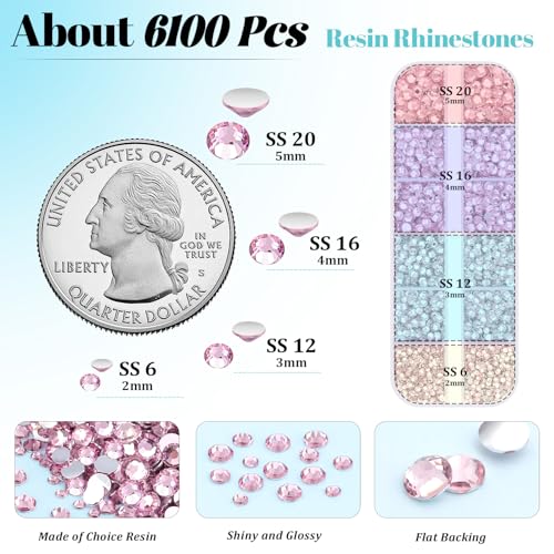 6100Pcs Resin Rhinestones for Crafting with 2Pcs 10ml B7000 Jewelry Glue, 1 Box Flatback Crystals Diamond (Light Pink) for Bedazzling Crafts DIY Nail Art Non Hotfix Gems for Clothing Shoes - color: Light Pink, size: 1 Small Pack + 2Pc Glue