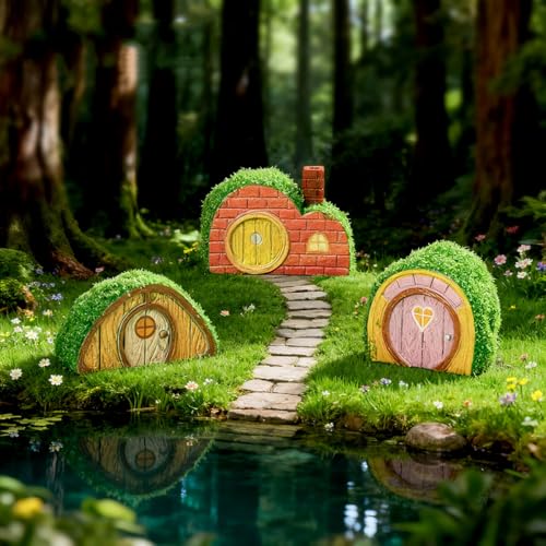 Set of 4 Flocked Miniature Fairy Garden House Accessories, Mini Resin Gnome Elf House Figurines for DIY Micro Landscape Decor Outdoor Bonsai, Terrarium, Planter Flower Pot Ornaments - color: Gnome House