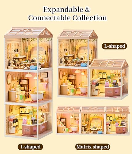Bakery Shop DIY Miniature House Kit with Roof & LED Light, Stackable & Connectable Dollhouse Kit with Dustproof Door, Creative DIY Crafts Building Toy Gift for Adults Teens - color: Baking, size: Meduim
