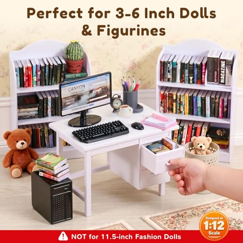 1:12 Scale Mini Desk Set with 100 Mini Books & 2 Bookshelves — Miniature Dollhouse Furniture Set with Office Chair, Computer & 15+ Accessories — Mini Desk Accessories for Doll House Diorama - color: Modern White