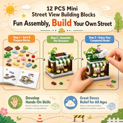 12 PCS Mini Street View Building Bricks Set, Modular City Shop Model, DIY Tiny Town Collection, Aesthetic Tabletop Decor, Holiday & Birthday Gifts for Adults - color: Vibrant