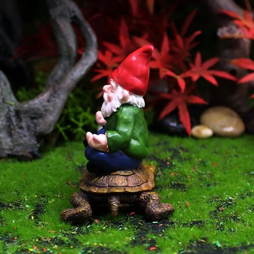 Mini Turtle Gnome Statue for Fairy Garden, Hand-Painted Meditation Gnome on Turtle, Tiny Gnome Figurine Plant Pot Decor, Fairy Garden Miniatures & Accessories, 3 x 2.6 x 2.2 Inches - color: Meditating Gnome Turtle