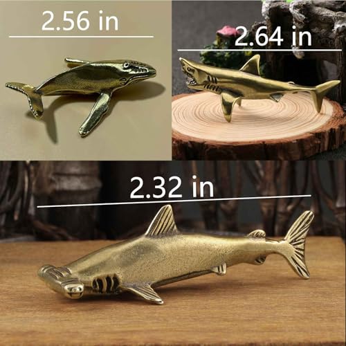 3Pcs Vintage Solid Brass Miniature Animal Figurine Desk Animal Ornament for Pet Enthusiasts Exquisite Collectible and Home Décor Accent (Shark + Whale 3 pcs) - color: Shark + Whale 3 Pcs