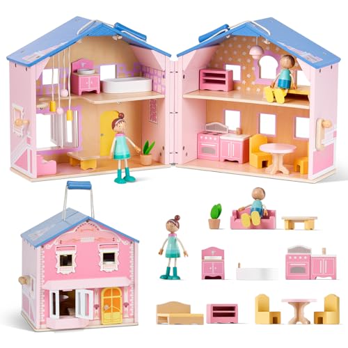 Exquisite Pink Wooden Dollhouse for Girls with Dolls and Furniture