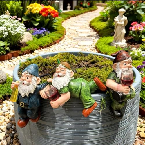 3-piece Fairy Garden Gnome Set, Beer-Drinking Gnome Resin Statue, Outdoor Decorative Item (Colorful) - color: Colorful