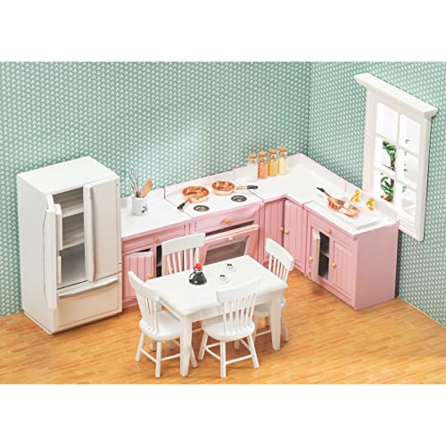 Wooden Dollhouse Furniture Set - Miniature Dollhouse Furniture 1 12 Scale for Dollhouse Kitchen - Doll House Furniture Toys Incl Kitchen Cabinets, Dining Table, Refrigerator and Others (Pink) - style: Pink Deluxe Kitchen Set