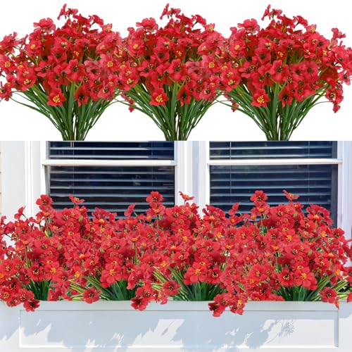 Bassion 24 Bundles Artificial Flowers for Outdoors Decorations, Red - color: Red