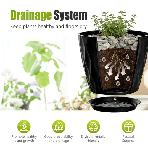 8 Inch Plastic Plant Pots,Set of 5 Flower Pots,Planters with Drainage Holes & Saucers, Indoor Outdoor Garden Pots for Home Decor (Black) - color: Black