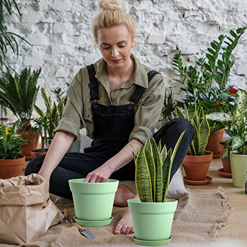 WOUSIWER 16 Pack 6 inch Plastic Planters, Plastic Indoor Planter Flower Pots, Heavy Duty and Stylish 6 Inch Plant Pots for Indoor Plants with Drainage Holes and Tray for Plants Flowers, Green - color: Green