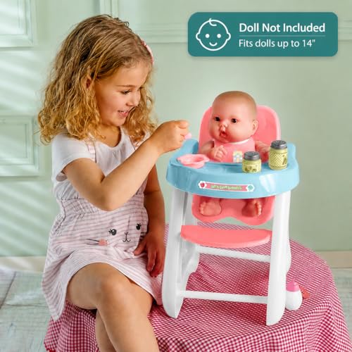 JC Toys - Doll High Chair | Fits Dolls up to 17" | Easy to Clean | Simple Assembly | 7 Piece Play Set| Ages 2+, Pink/Blue - color: Pink/Blue High Chair Set