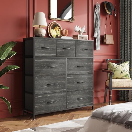 WLIVE Tall Dresser for Bedroom, 9 Drawer Chest of Drawers, Black Wood Grain - color: Charcoal Black Wood Grain Print