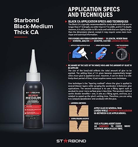 STARBOND Black Medium-Thick CA Glue Pro Kit (2 oz) – Rubber-Toughened, Impact-Resistant Cyanoacrylate Super Glue – for Durable Knot Filling, Crack Repair, Woodworking, Guitar, Hobby & RC Projects - color: Black, size: 2 ounces